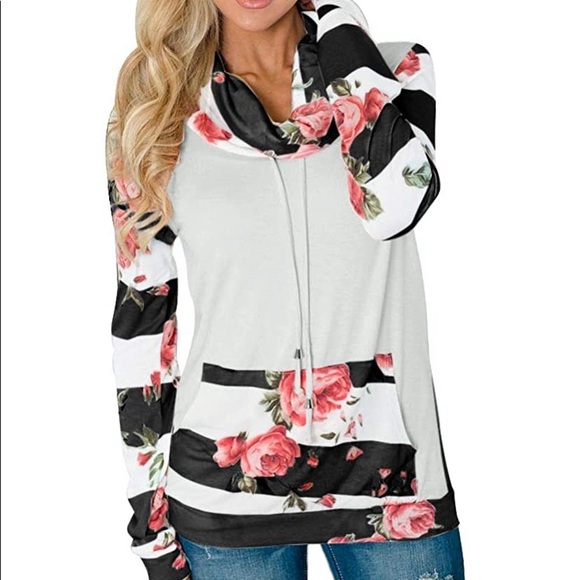 woman floral cowl neck sweatshirts w pocket - Picture 3 of 7